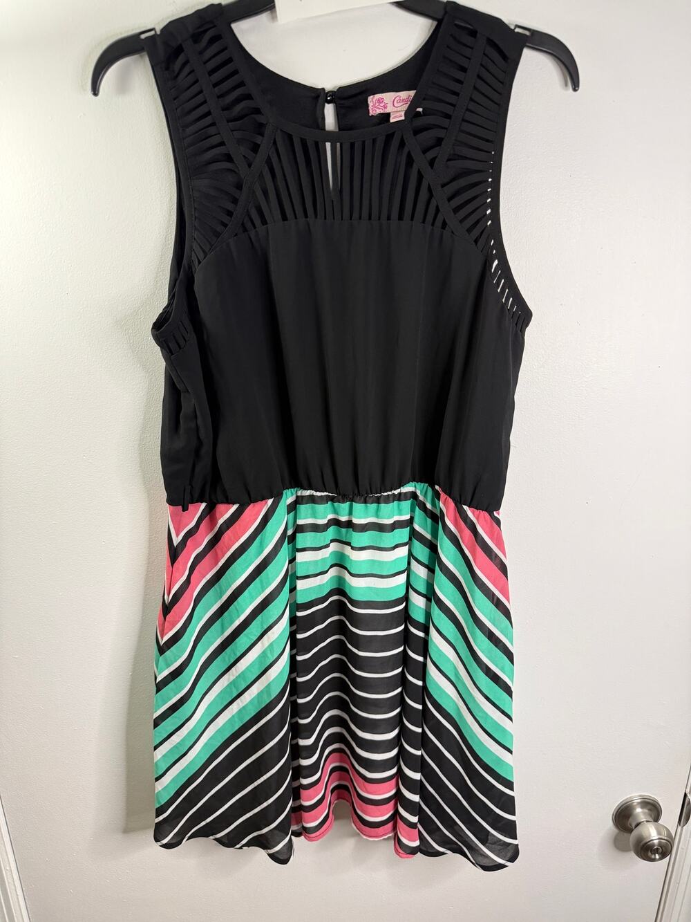 Candie's XL Lattice Yoke Stripe Fit Flare Dress Pink Teal Black NWOT